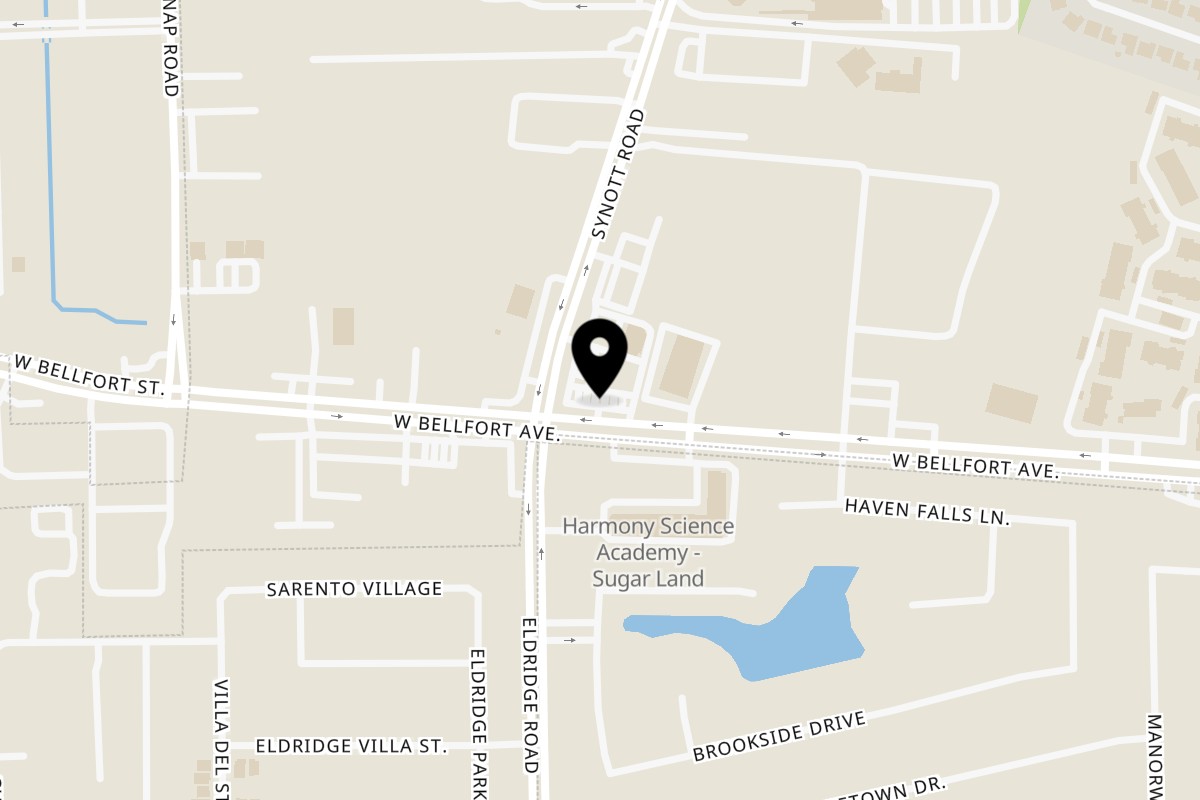 Map showing the location of Hot Chicken and Breakfast on 13380 W Bellfort Ave in Houston